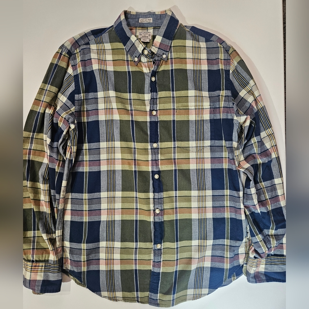 J Crew Flannel Shirt Mens Large Blue Yellow Plaid Preppy Cotton Gorpcore Classic